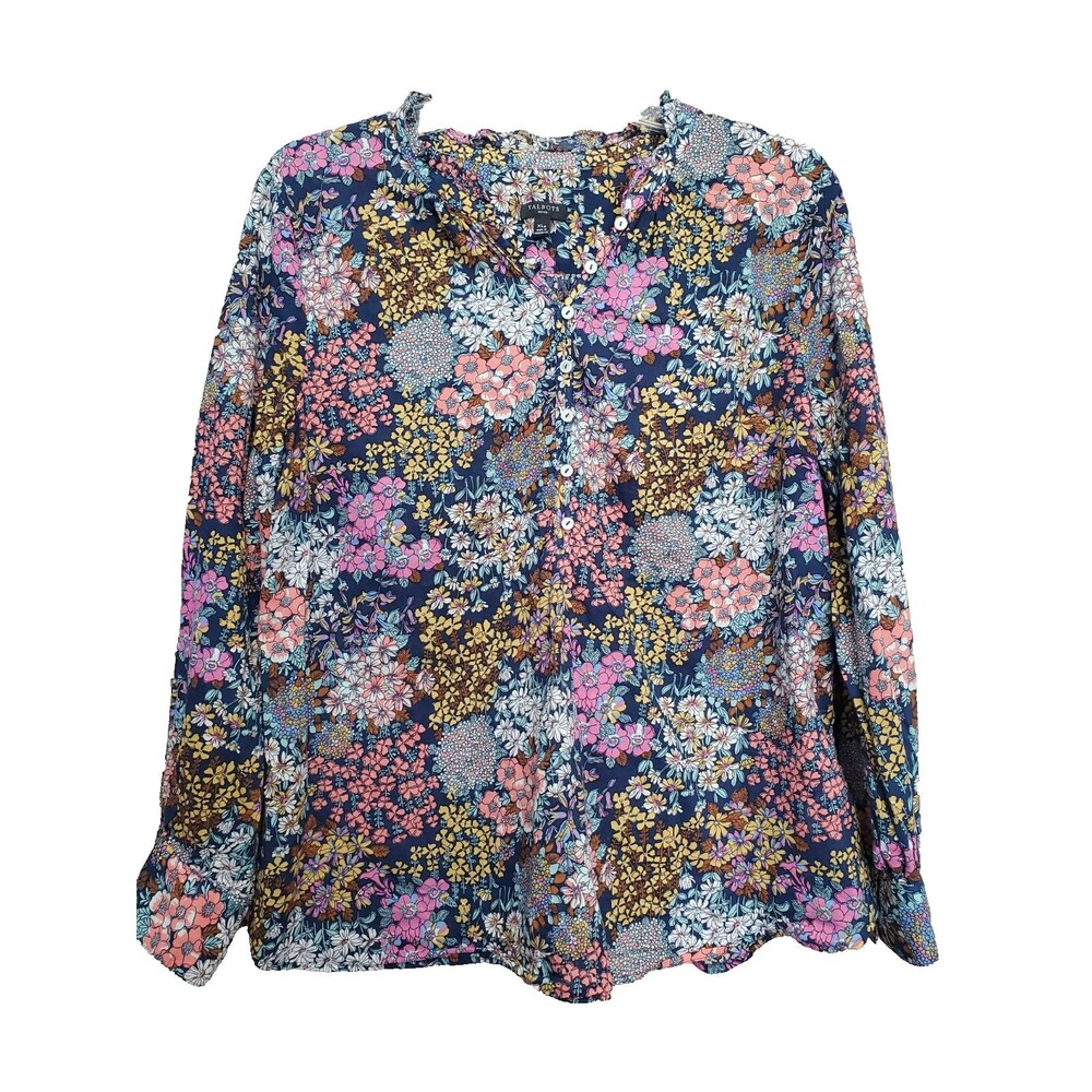 Talbots Petite Cotton Ditsy Floral Henley Ruffle Neck Long Sleeve Popover Sz XLP